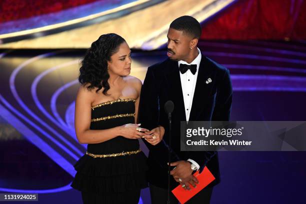 Tessa Thompson and Michael B. Jordan speak onstage during the 91st Annual Academy Awards at Dolby Theatre on February 24, 2019 in Hollywood,...