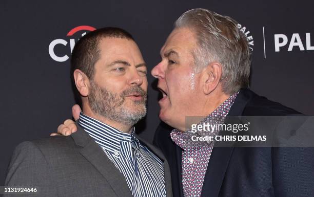 Actors Nick Offerman and Jim O'Heir arrive for the PaleyFest presentation of NBC's "Parks and Recreation" 10th Anniversary Reunion at the Dolby...