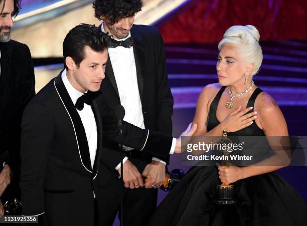 Mark Ronson and Lady Gaga accept he Music award for 'Shallow' from 'A Star Is Born' onstage during the 91st Annual Academy Awards at Dolby Theatre on...