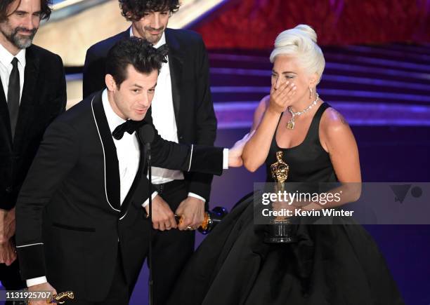 Andrew Wyatt, Mark Ronson, Anthony Rossomando, and Lady Gaga accept the Music award for 'Shallow' from 'A Star Is Born' onstage during the 91st...