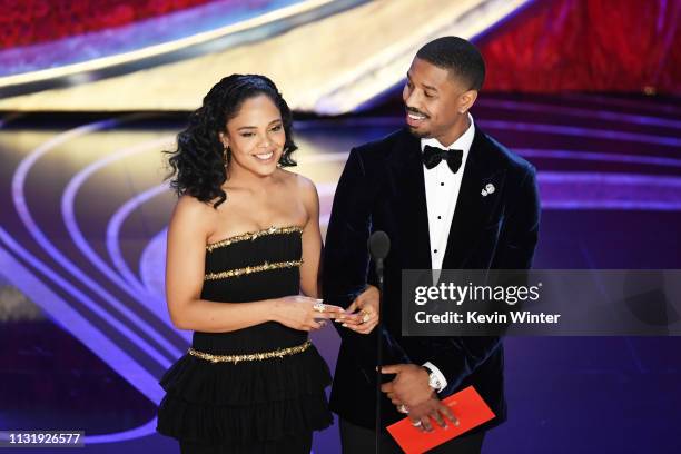 Tessa Thompson and Michael B. Jordan speak onstage during the 91st Annual Academy Awards at Dolby Theatre on February 24, 2019 in Hollywood,...