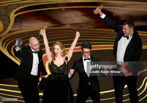 Jaime Ray Newman and Guy Nattiv accept the Best Live Action Short Film award for "Skin" onstage during the 91st Annual Academy Awards at Dolby...