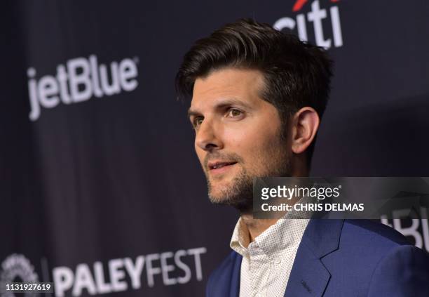 Actor Adam Scott arrives for the PaleyFest presentation of NBC's "Parks and Recreation" 10th Anniversary Reunion at the Dolby theatre on March 21,...