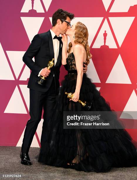 Guy Nattiv and Jaime Ray Newman, winners of Best Live Action Short Film for "Skin," pose in the press room during the 91st Annual Academy Awards at...