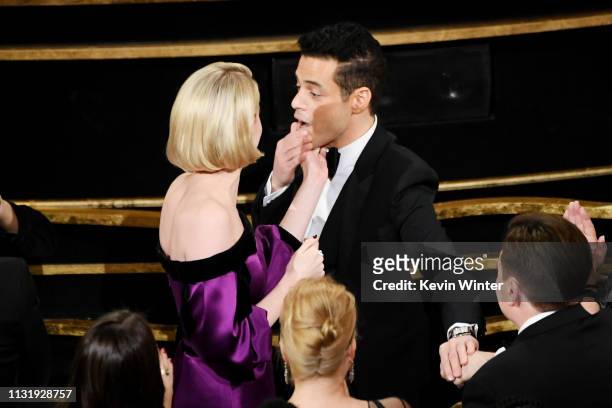 Lucy Boynton and Rami Malek react after Mr. Malek was announced winner of Actor in a Leading Role for 'Bohemian Rhapsody' during the 91st Annual...