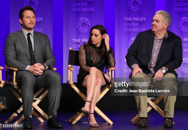 Chris Pratt, Aubrey Plaza and Jim O'Heir attend the Paley Center For Media's 2019 PaleyFest LA "Parks And Recreation" 10th Anniversary Reunion held...