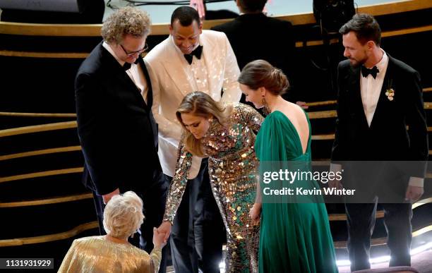 Glenn Close, Jennifer Lopez and Alex Rodriguez during the 91st Annual Academy Awards at Dolby Theatre on February 24, 2019 in Hollywood, California.