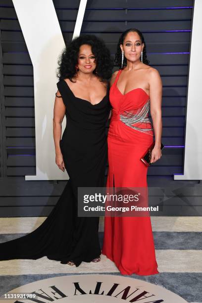 Diana Ross and Tracee Ellis Ross attend the 2019 Vanity Fair Oscar Party hosted by Radhika Jones at Wallis Annenberg Center for the Performing Arts...