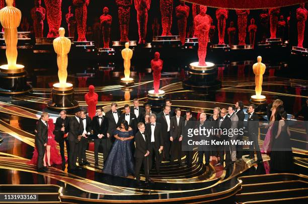 Cast and crew of 'Green Book' accept the Best Picture award onstage during the 91st Annual Academy Awards at Dolby Theatre on February 24, 2019 in...