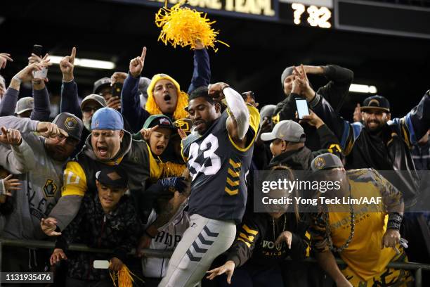 Ron Brooks of the San Diego Fleet interacts with fans following the Alliance of American Football game against San Antonio Commanders at SDCCU...