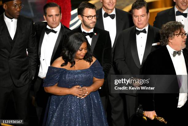 Winners such as Mahershala Ali, Octavia Spencer, Brian Currie, and Charles B. Wessler accept the Best Picture award for 'Green Book' onstage during...