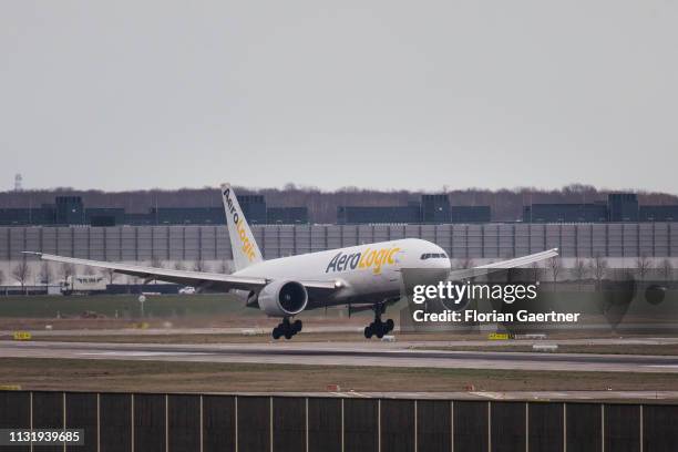 Cargo aircraft lands at the airport Halle-Leipzig on March 19, 2019 in Schkeuditz, Germany.