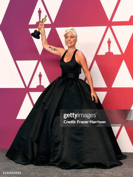 Lady Gaga, winner of Best Original Song for "Shallow" from "A Star is Born," poses in the press room during the 91st Annual Academy Awards at...