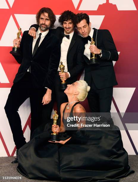 Andrew Wyatt, Anthony Rossomando, Mark Ronson, and Lady Gaga, winners of Best Original Song for "Shallow" from "A Star is Born," pose in the press...