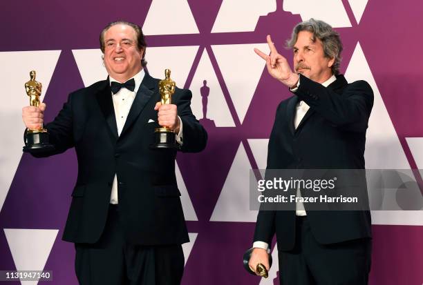 Nick Vallelonga and Peter Farrelly, winners of Best Picture and Best Original Screenplay for "Green Book," pose in the press room during the 91st...