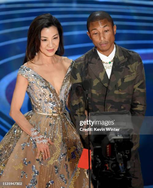 Michelle Yeoh and Pharrell Williams speak onstage during the 91st Annual Academy Awards at Dolby Theatre on February 24, 2019 in Hollywood,...