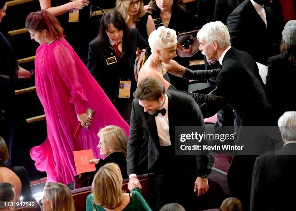 Bradley Cooper, Lady Gaga, and Sam Elliott attend the 91st Annual Academy Awards at Dolby Theatre on February 24, 2019 in Hollywood, California.