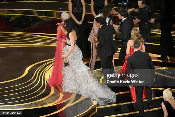 Evan Hayes, Elizabeth Chai Vasarhelyi, Jimmy Chin, Shannon Dill, Alex Honnold and Sanni McCandless accept the Documentary award for 'Free Solo'...