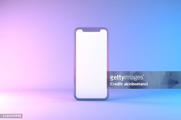 smartphone mobile application präsentation mockup neon colored - cellphone white background stock-fotos und bilder