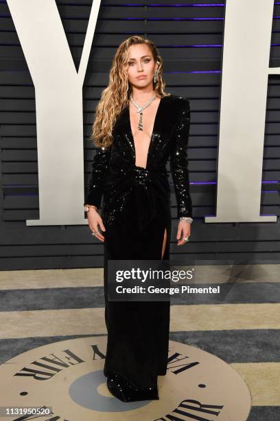 Miley Cyrus attends the 2019 Vanity Fair Oscar Party hosted by Radhika Jones at Wallis Annenberg Center for the Performing Arts on February 24, 2019...