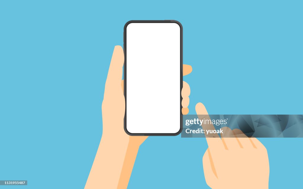 Hand holding smartphone and touching screen