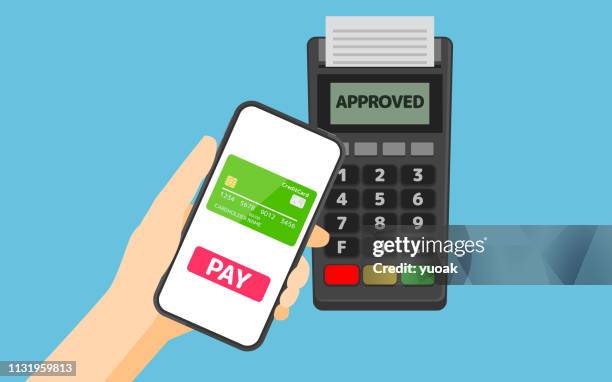 illustrazioni stock, clip art, cartoni animati e icone di tendenza di pagamento da smartphone a terminale pos con tecnologia nfc - pagamento senza contatto