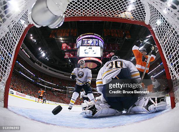 Second period power play goal shot by Danny Briere of the Philadelphia Flyers gets past Ryan Miller of the Buffalo Sabres in Game Seven of the...