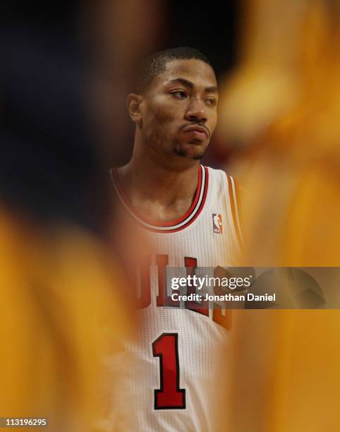 Derrick Rose of the Chicago Bulls waits for the end of a time-out against the Indiana Pacers in Game Five of the Eastern Conference Quarterfinals in...