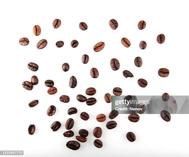 coffee beans isolated on white background - geröstete kaffeebohne stock-fotos und bilder