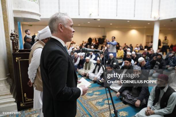 Norway's Minister of Education and Integration, Jan Tore Sanner, gives a speech at Central Jamaat-e Ahl-e Sunnat mosque in Oslo, on March 22 to pay...