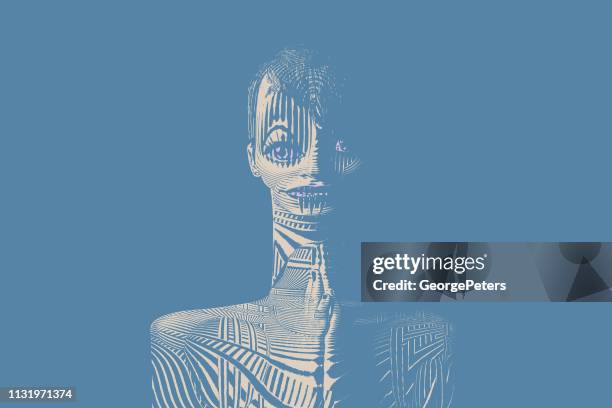 scary female alien with tattoos - namaste stock illustrations