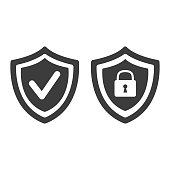 Shield with security and check mark icon on white background.