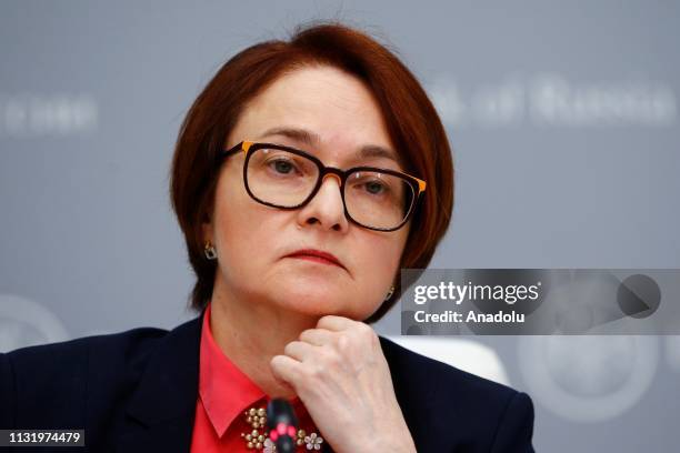 Russian Central Bank Governor Elvira Nabiullina holds a press conference in Moscow, Russia on March 22, 2019.