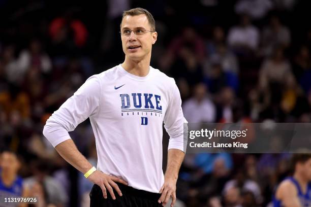 Associate head coach Jon Scheyer of the Duke Blue Devils looks on during their practice session prior to the first round of the 2019 NCAA Men's...
