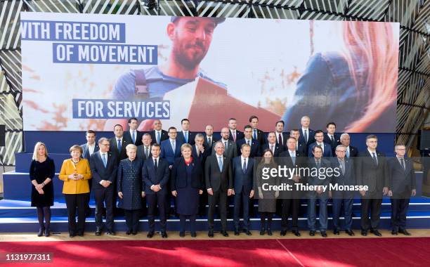 European leaders pose for the family photo during a celebration to mark the 25th anniversary of the European Economic Area on the second day of an EU...