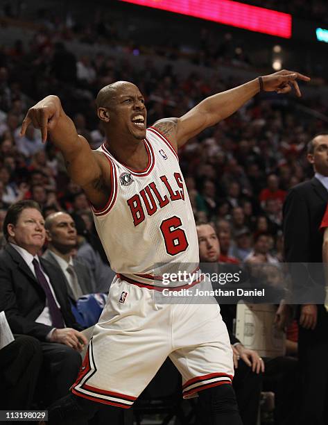 Keith Bogans of the Chicago Bulls celebrates hitting a three-point shot against the Indiana Pacers in Game Five of the Eastern Conference...