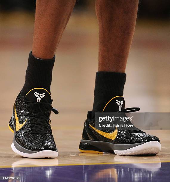 Detail of the shoes of Kobe Bryant of the Los Angeles Lakers in the first quarter while taking on the New Orleans Hornets in Game Five of the Western...