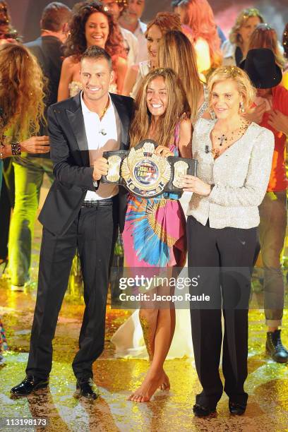 Daniele Battaglia, Giorgia Palmas and Simona Ventura attend "L'Isola Dei Famosi" - The Final on April 26, 2011 in Milan, Italy.