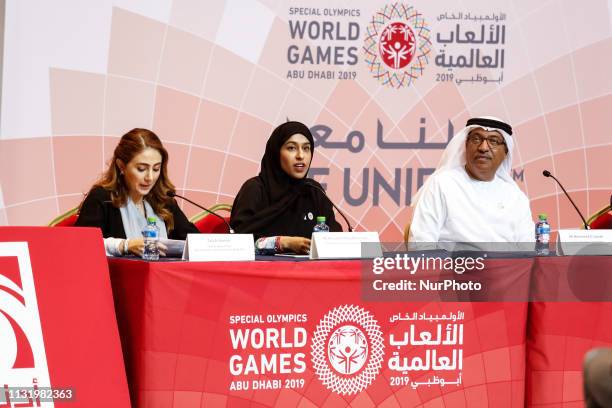 Hessa Buhumaid, Minister of Community Development speaks during Closing Press Conference of Special Olympics World Games in Zayed Sports City in Abu...