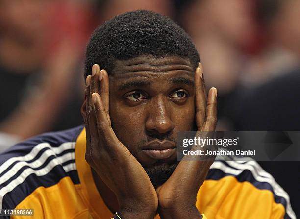 Roy Hibbert of the Indiana Pacers watches his teammates take on the Chicago Bulls from the bench in Game Five of the Eastern Conference Quarterfinals...