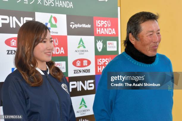 Professional golfers Masashi Ozaki and Erika Hara speak to media reporters after the Jumbo Ozaki Junior Lesson on February 23, 2019 in Chiba, Japan.