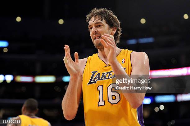 Pau Gasol of the Los Angeles Lakers reacts in the third quarter while taking on the New Orleans Hornets in Game Five of the Western Conference...