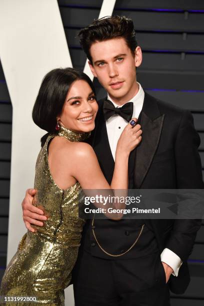 Vanessa Hudgens and Austin Butler attend the 2019 Vanity Fair Oscar Party hosted by Radhika Jones at Wallis Annenberg Center for the Performing Arts...