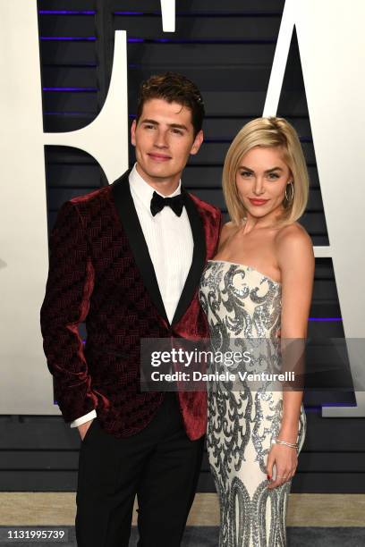 Gregg Sulkin and Michelle Randolph attend 2019 Vanity Fair Oscar Party Hosted By Radhika Jones at Wallis Annenberg Center for the Performing Arts on...