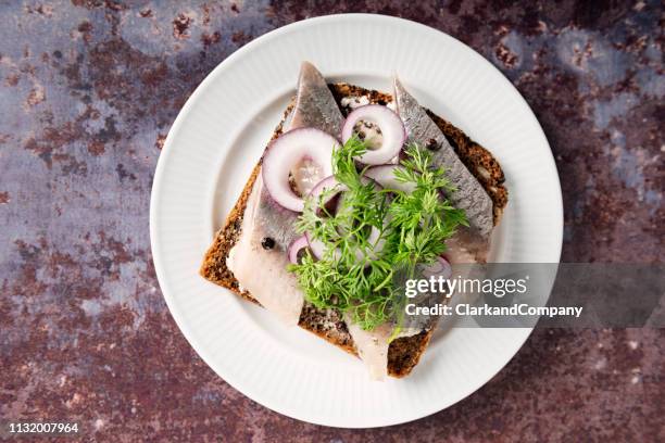 marinierter hering mit zwiebel und dill, blick über den kopf. - nordic food stock-fotos und bilder