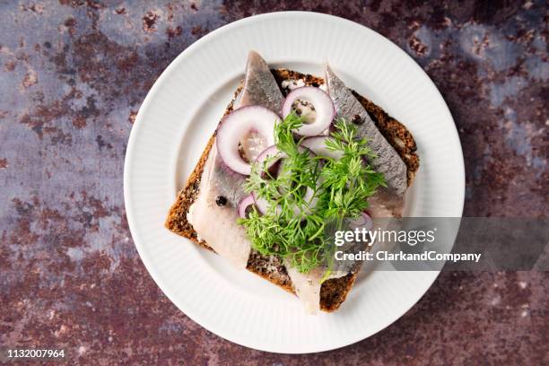 marinated herring with onion and dill, overhead view. - sandwich top view stock pictures, royalty-free photos & images