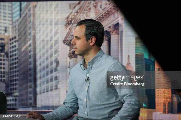 Matthew Wadiak, co-founder of Blue Apron Holdings Inc., listens during Bloomberg Television interview in New York, U.S., on Friday, March 22, 2019....