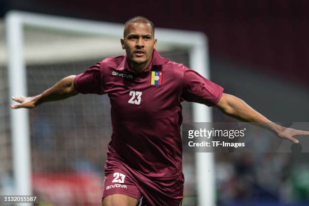 Salomon Rondon of Venezuela celebrates after scoring his team's first goal during the International Friendly match between Argentina and Venezuela at...