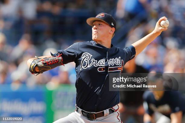Kolby Allard of the Atlanta Braves delivers a pitch against the New York Mets during the Grapefruit League spring training game at First Data Field...