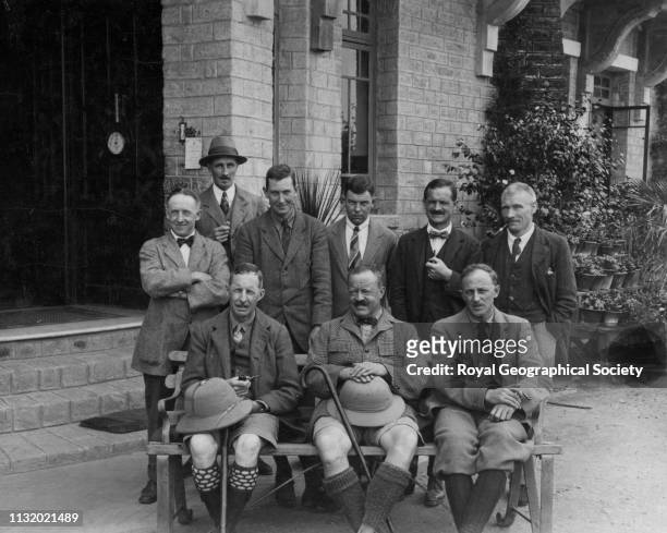 Members of the expedition outside the Mount Everest Hotel at Darjeeling, Mount Everest Expedition 1922, Top row left to right:- Crawford, Norton,...